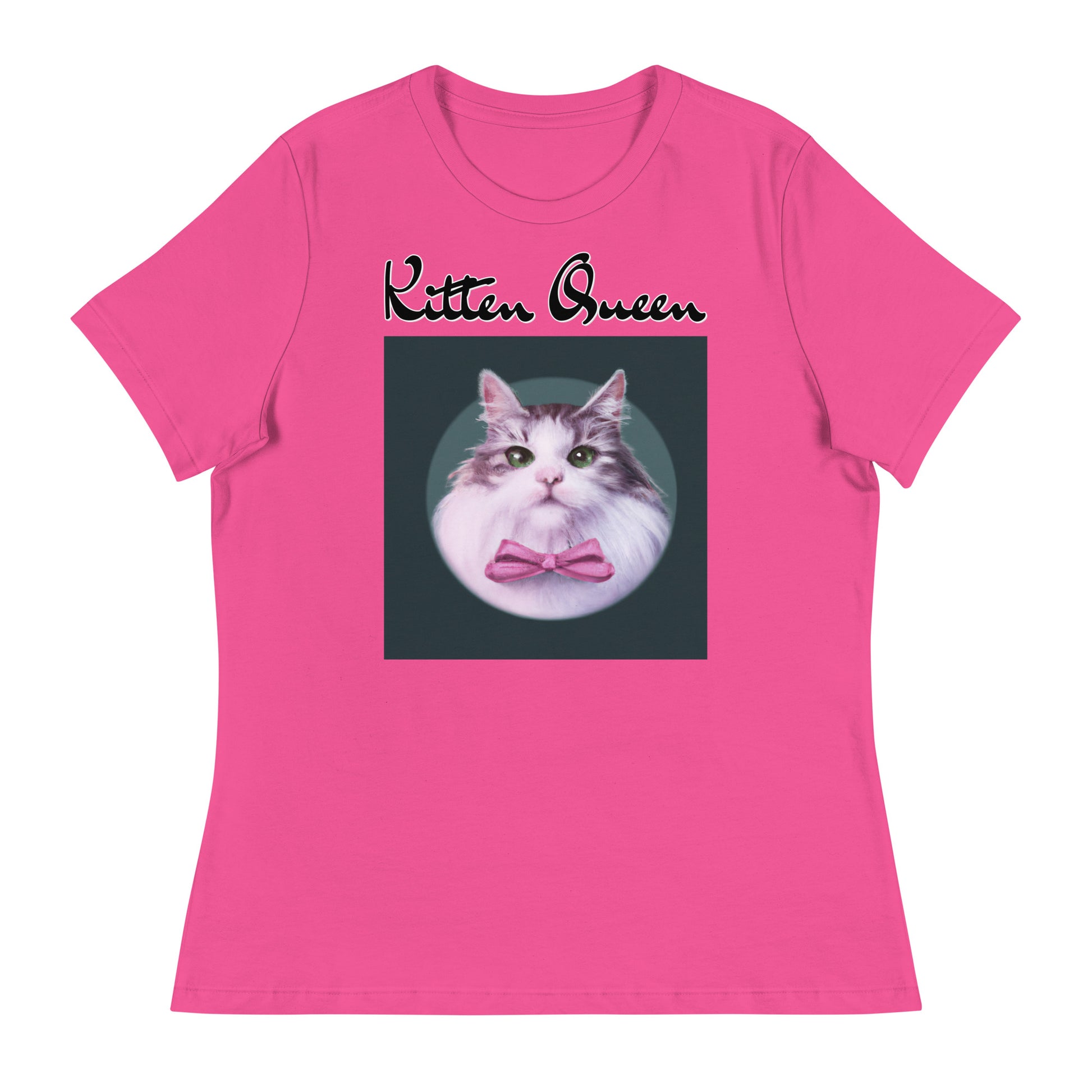 Women's T-Shirt with Fluffy Kitten With a Pink Bow with a text "Kitten Queen" at $25.97 found at Personalizedpetlovergifts