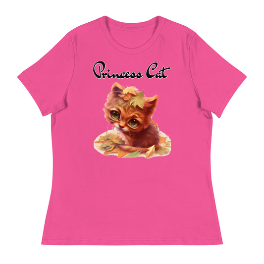 Women's T-Shirt with Ginger Cat With Autumn Leaves with a text "Princess Cat" at $25.97 found at Personalizedpetlovergifts