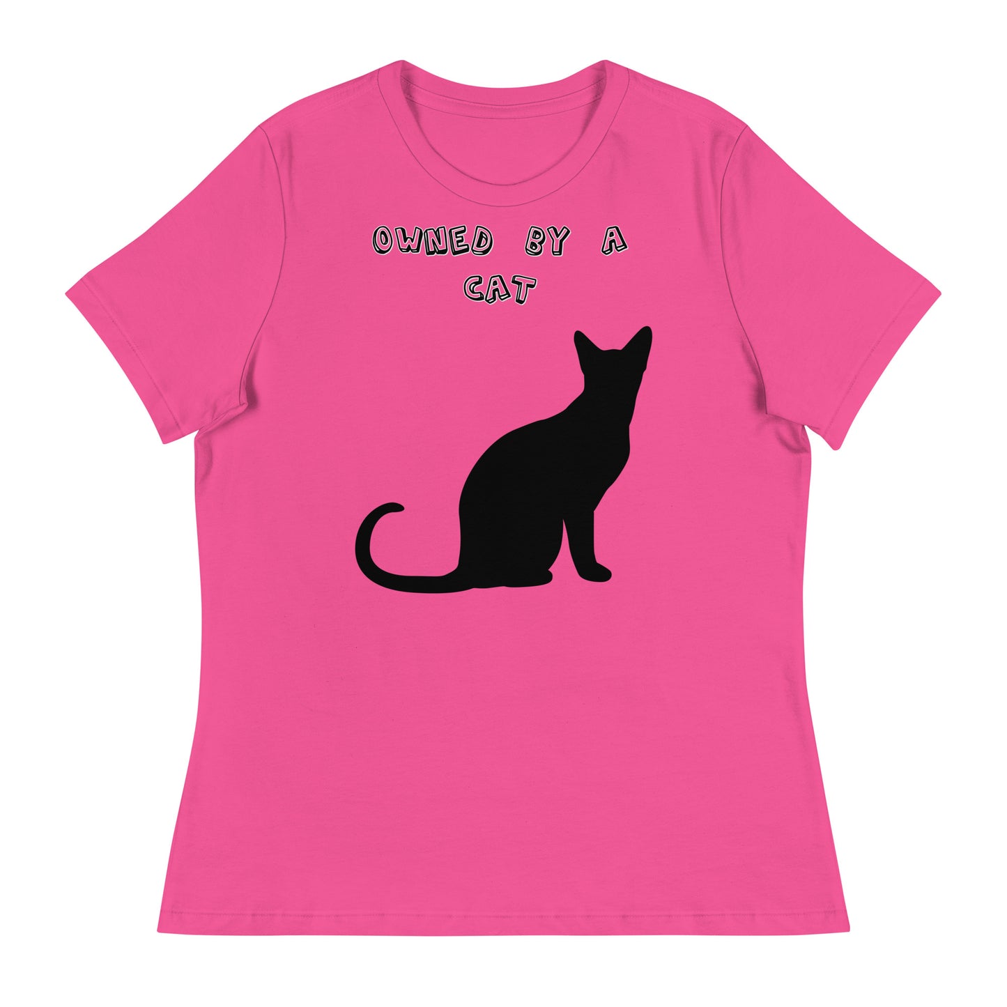 Women's White T-Shirt with Silhouette Of a Black Cat with a text "Owned by a Cat" at $25.97 found at Personalizedpetlovergifts