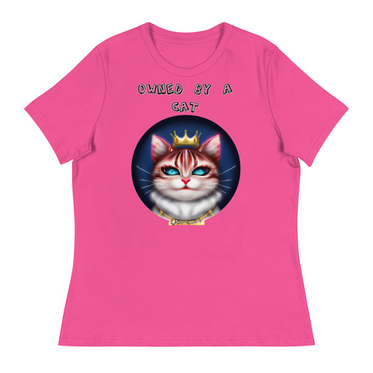 Women's White T-Shirt with Queen Kitten In a Circle with a text "Owned by a Cat" at $25.97 found at Personalizedpetlovergifts