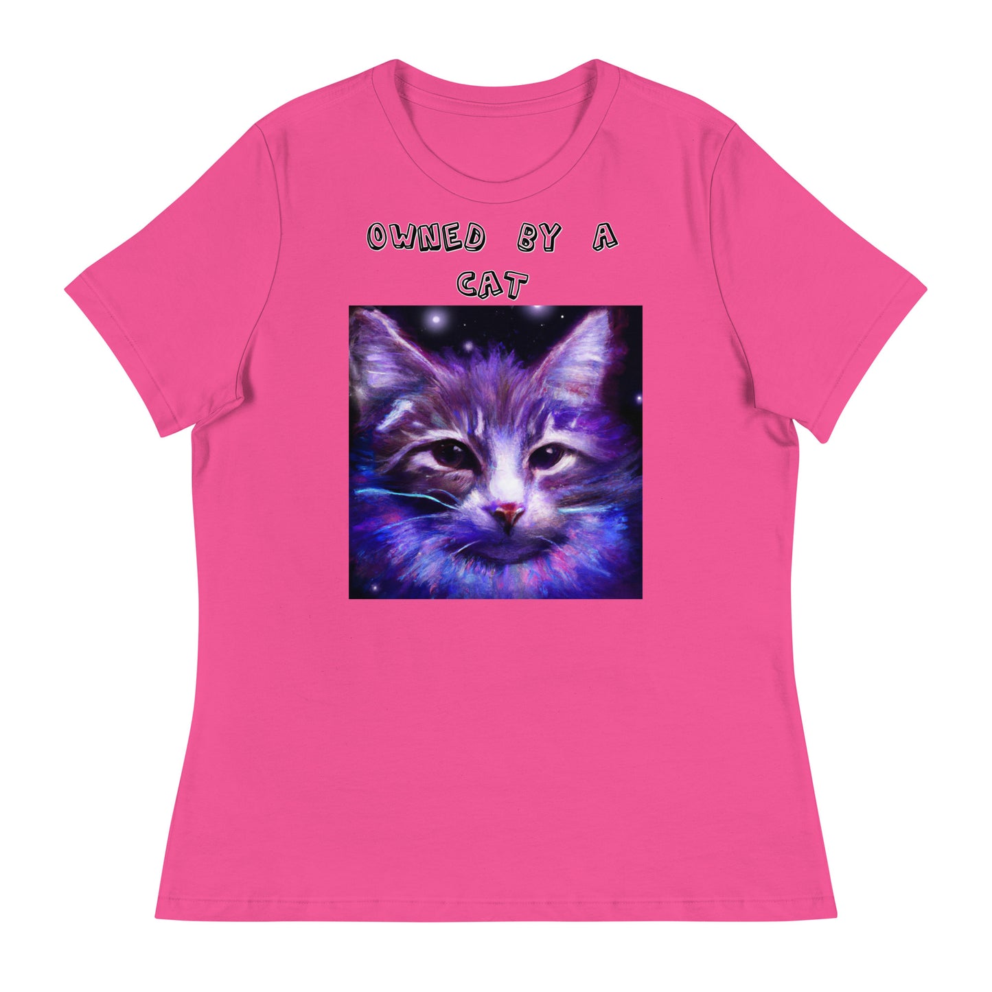 Women's White T-Shirt with Purple Space Cat with a text "Owned by a Cat" at $25.97 found at Personalizedpetlovergifts