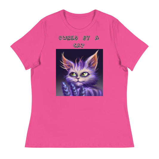 Women's White T-Shirt with Purple Alien Cat with a text "Owned by a Cat" at $25.97 found at Personalizedpetlovergifts