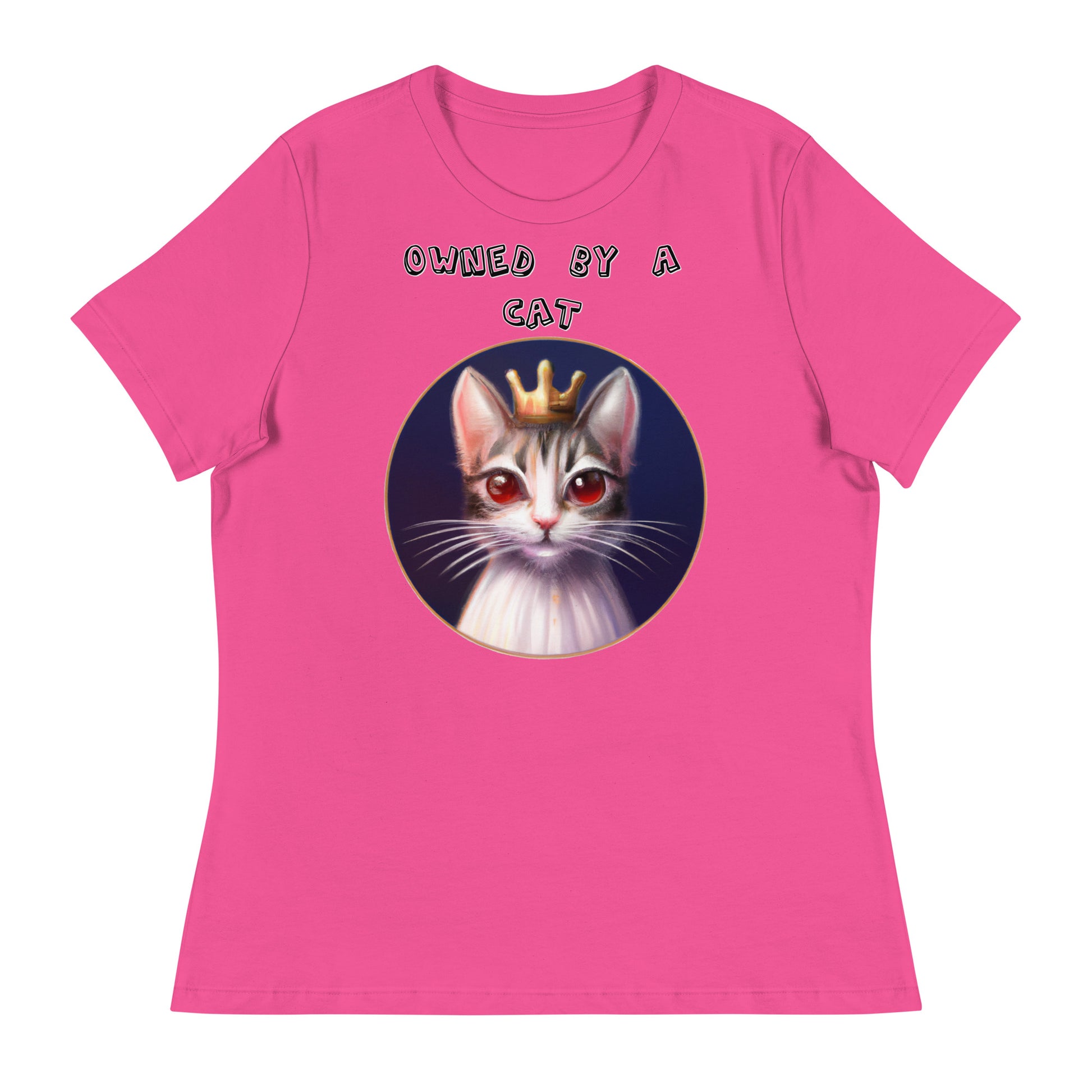 Women's White T-Shirt with Princess Cat With Red Eyes with a text "Owned by a Cat" at $25.97 found at Personalizedpetlovergifts