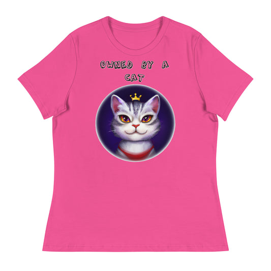 Women's White T-Shirt with Princess Cat In a Circle with a text "Owned by a Cat" at $25.97 found at Personalizedpetlovergifts