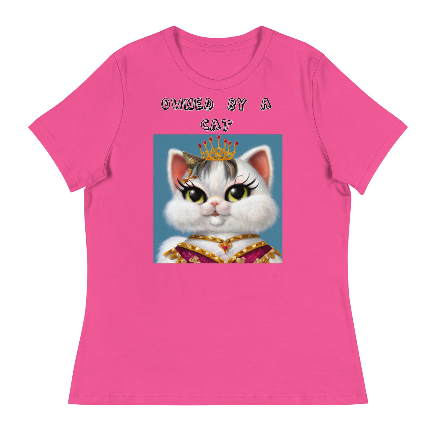 Women's White T-Shirt with Pretty Queen Cat with a text "Owned by a Cat" at $25.97 found at Personalizedpetlovergifts