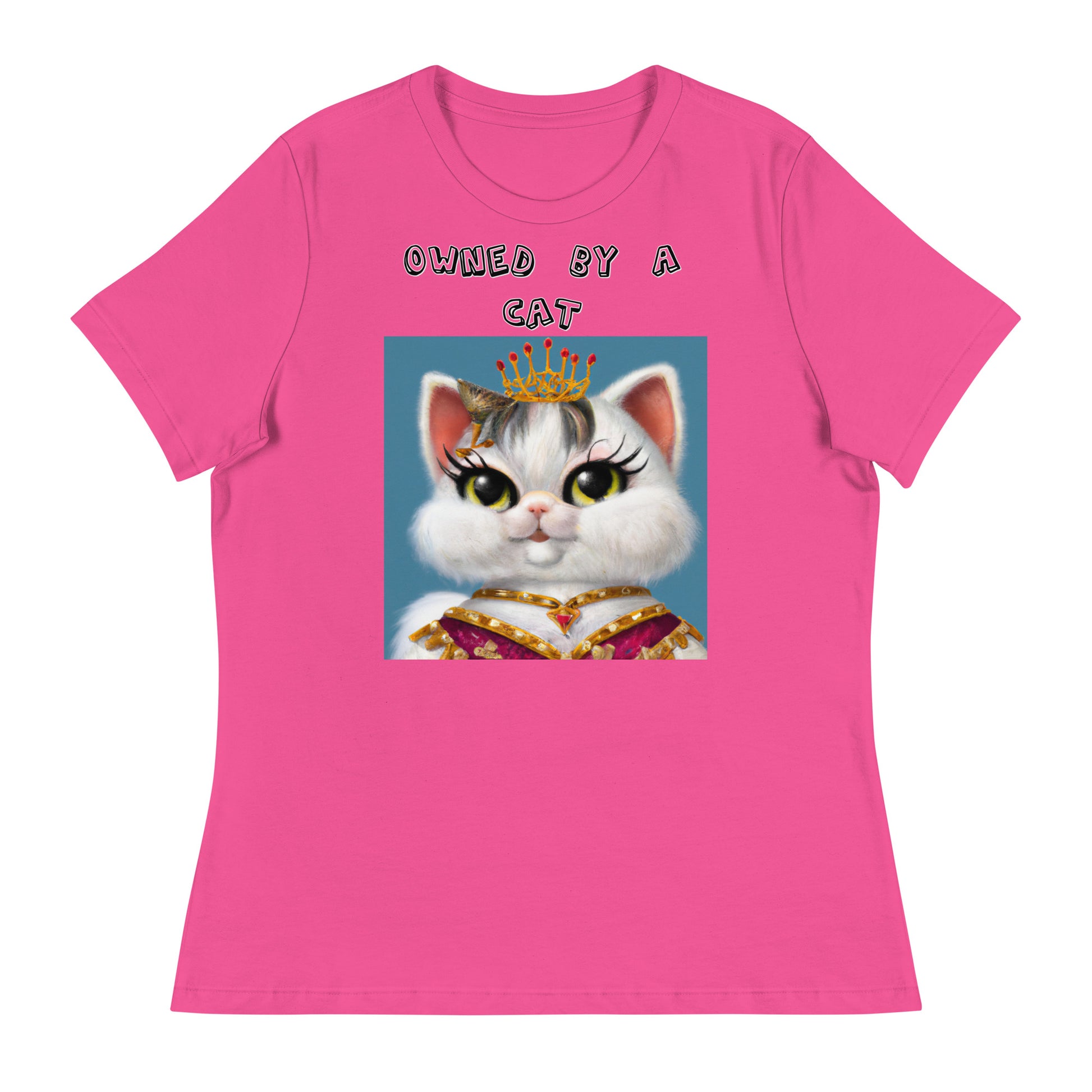 Women's White T-Shirt with Pretty Queen Cat with a text "Owned by a Cat" at $25.97 found at Personalizedpetlovergifts