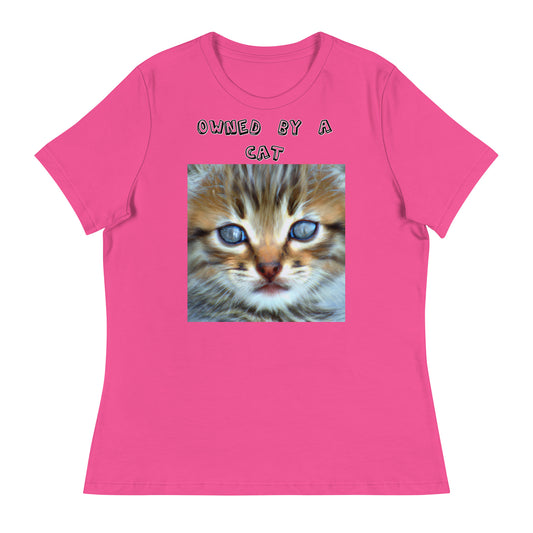 Women's White T-Shirt with Portrait Painting Of a Kitten with a text "Owned by a Cat" at $25.97 found at Personalizedpetlovergifts