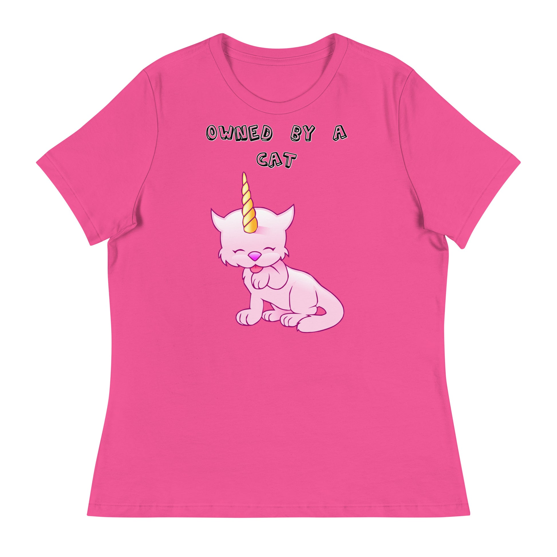 Women's White T-Shirt with Pink Unicorn Cat Licking Its Paw with a text "Owned by a Cat" at $25.97 found at Personalizedpetlovergifts