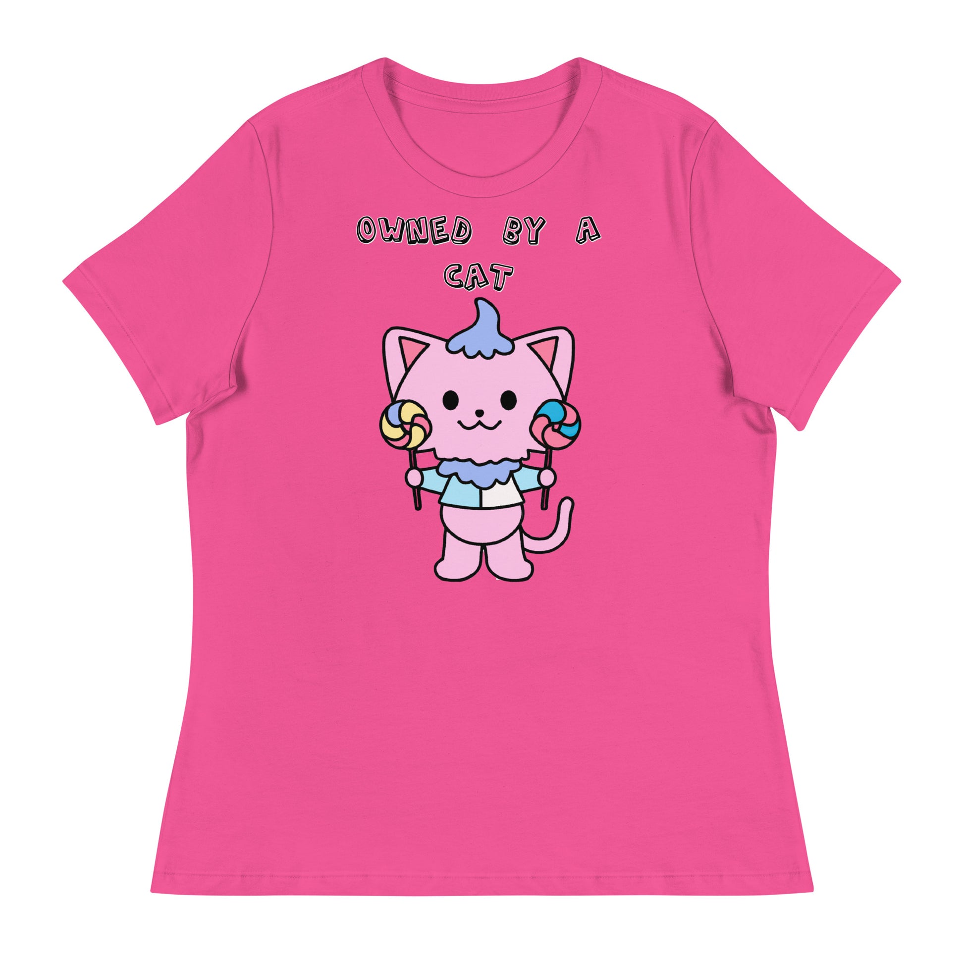 Women's White T-Shirt with Pink Kitten With Lollipops with a text "Owned by a Cat" at $25.97 found at Personalizedpetlovergifts