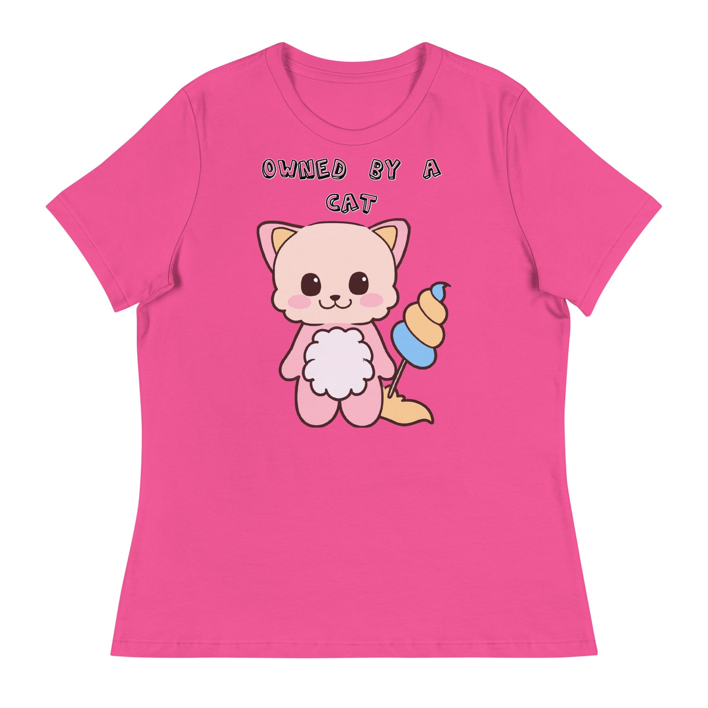 Women's White T-Shirt with Pink Kitten Holding a Cotton Candy with a text "Owned by a Cat" at $25.97 found at Personalizedpetlovergifts