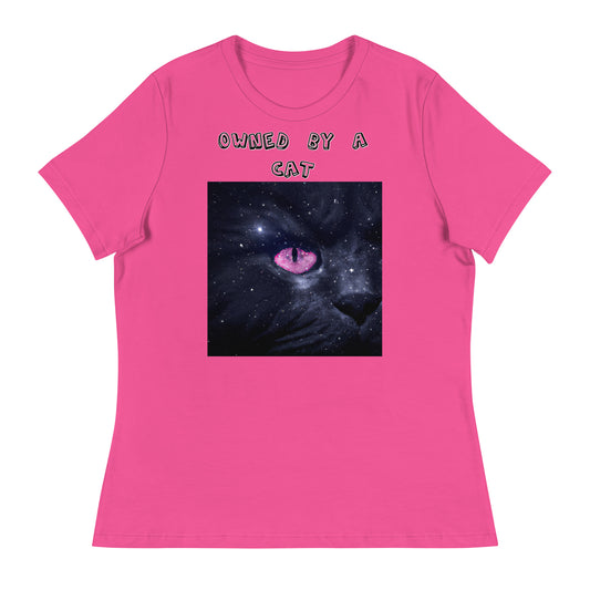 Women's White T-Shirt with Pink Galaxy Eyed Cat with a text "Owned by a Cat" at $25.97 found at Personalizedpetlovergifts