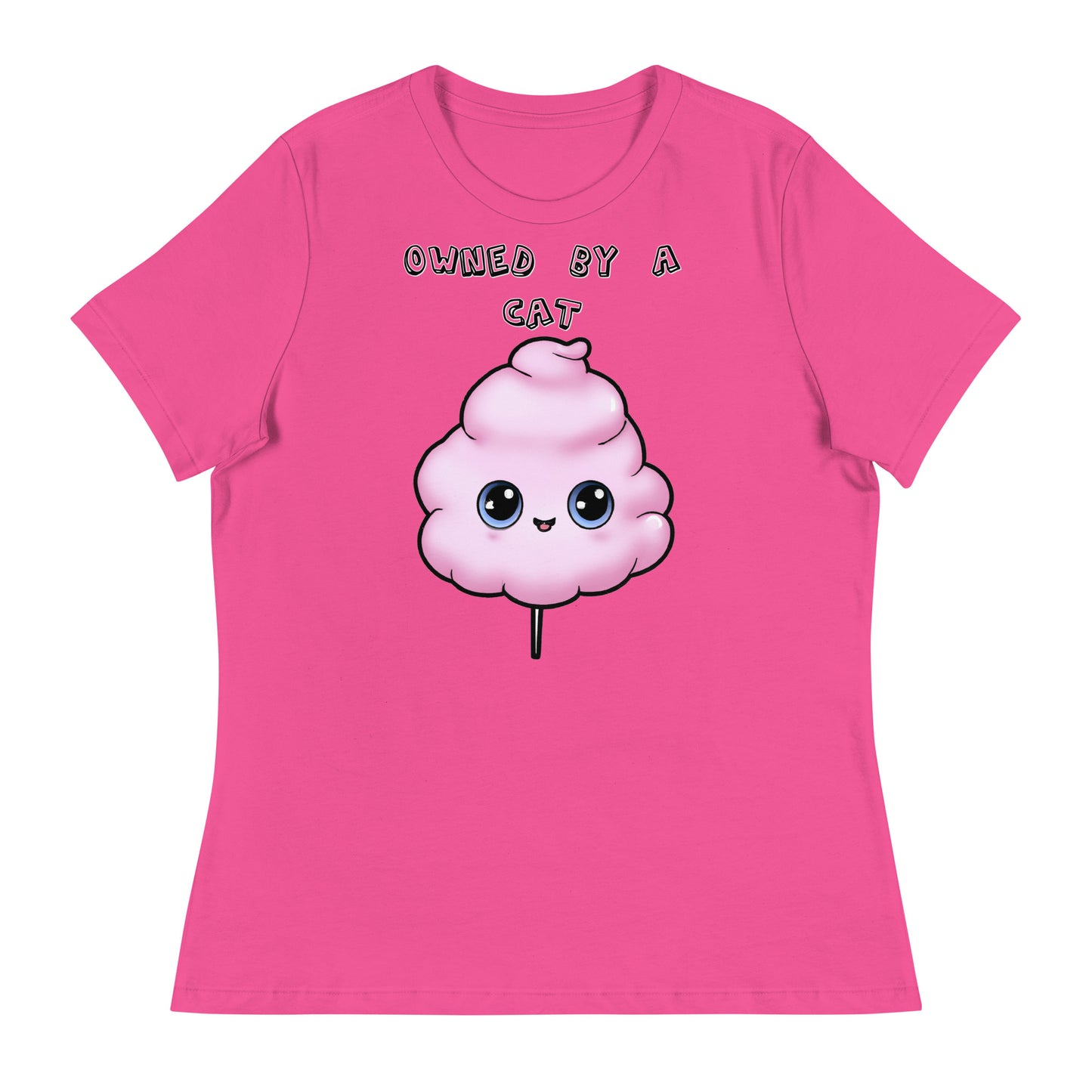 Women's White T-Shirt with Pink Cotton Candy With Cute Eyes with a text "Owned by a Cat" at $25.97 found at Personalizedpetlovergifts