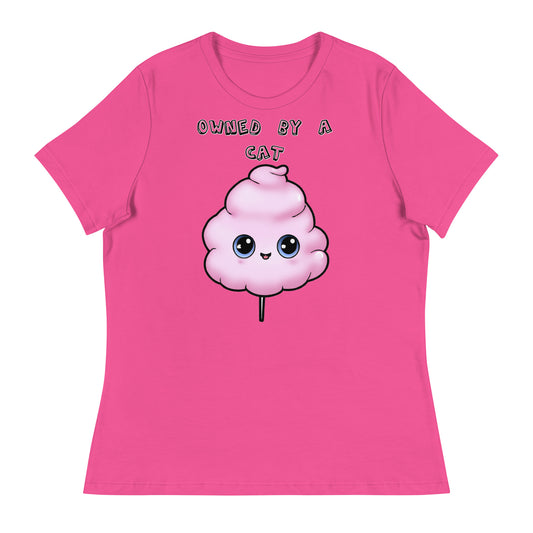 Women's White T-Shirt with Pink Cotton Candy With Cute Eyes with a text "Owned by a Cat" at $25.97 found at Personalizedpetlovergifts