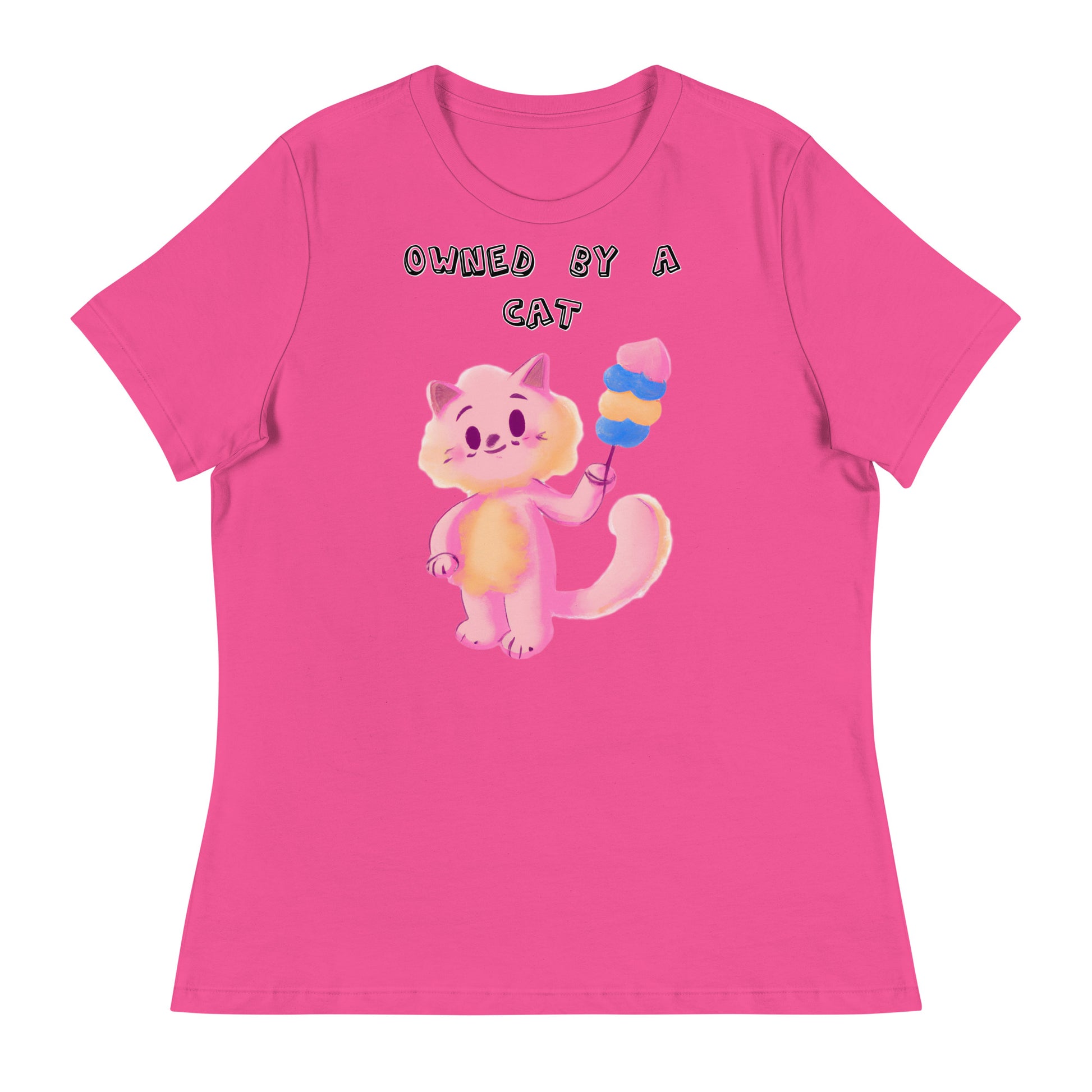 Women's White T-Shirt with Pink Cat With Cotton Candy with a text "Owned by a Cat" at $25.97 found at Personalizedpetlovergifts