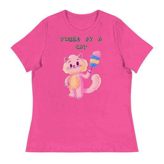 Women's White T-Shirt with Pink Cat With Cotton Candy with a text "Owned by a Cat" at $25.97 found at Personalizedpetlovergifts