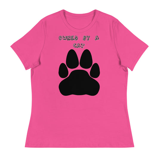 Women's White T-Shirt with Paw with a text "Owned by a Cat" at $25.97 found at Personalizedpetlovergifts