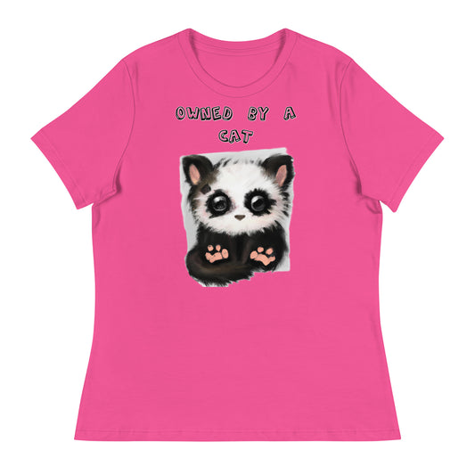 Women's White T-Shirt with Panda Kitten with a text "Owned by a Cat" at $25.97 found at Personalizedpetlovergifts