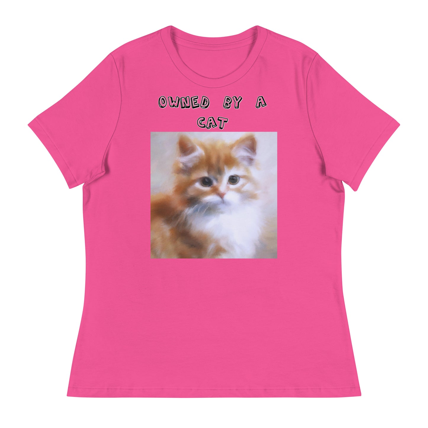 Women's White T-Shirt with Orange Fluffy Kitten with a text "Owned by a Cat" at $25.97 found at Personalizedpetlovergifts