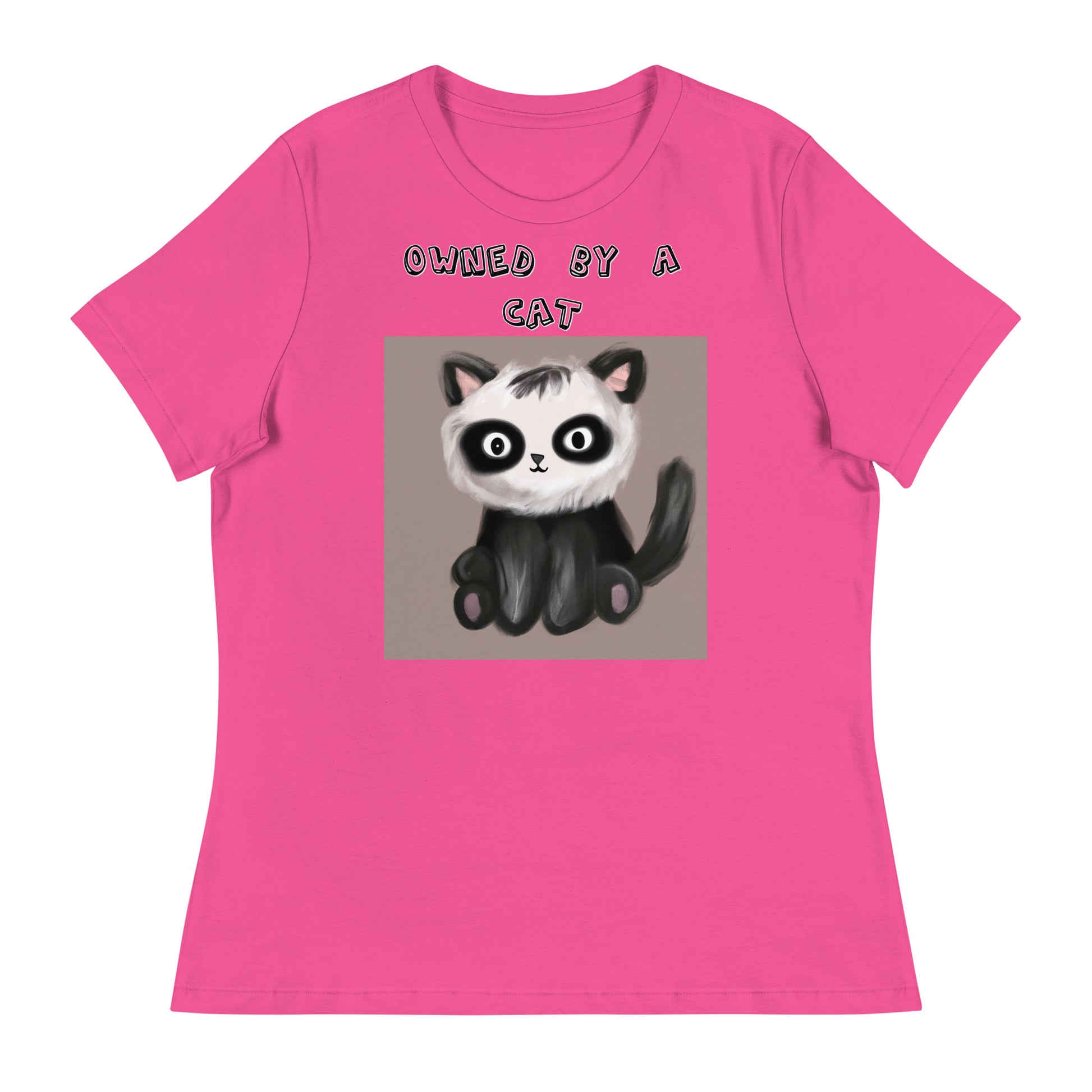 Women's White T-Shirt with Kitten With Panda Colors with a text "Owned by a Cat" at $25.97 found at Personalizedpetlovergifts