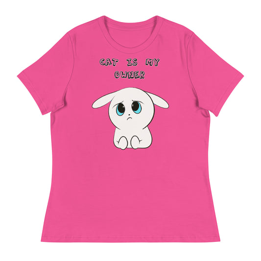 Women's T-Shirt with Sad White Kitten with a text "Cat Is My Owner" at $25.97 found at Personalizedpetlovergifts