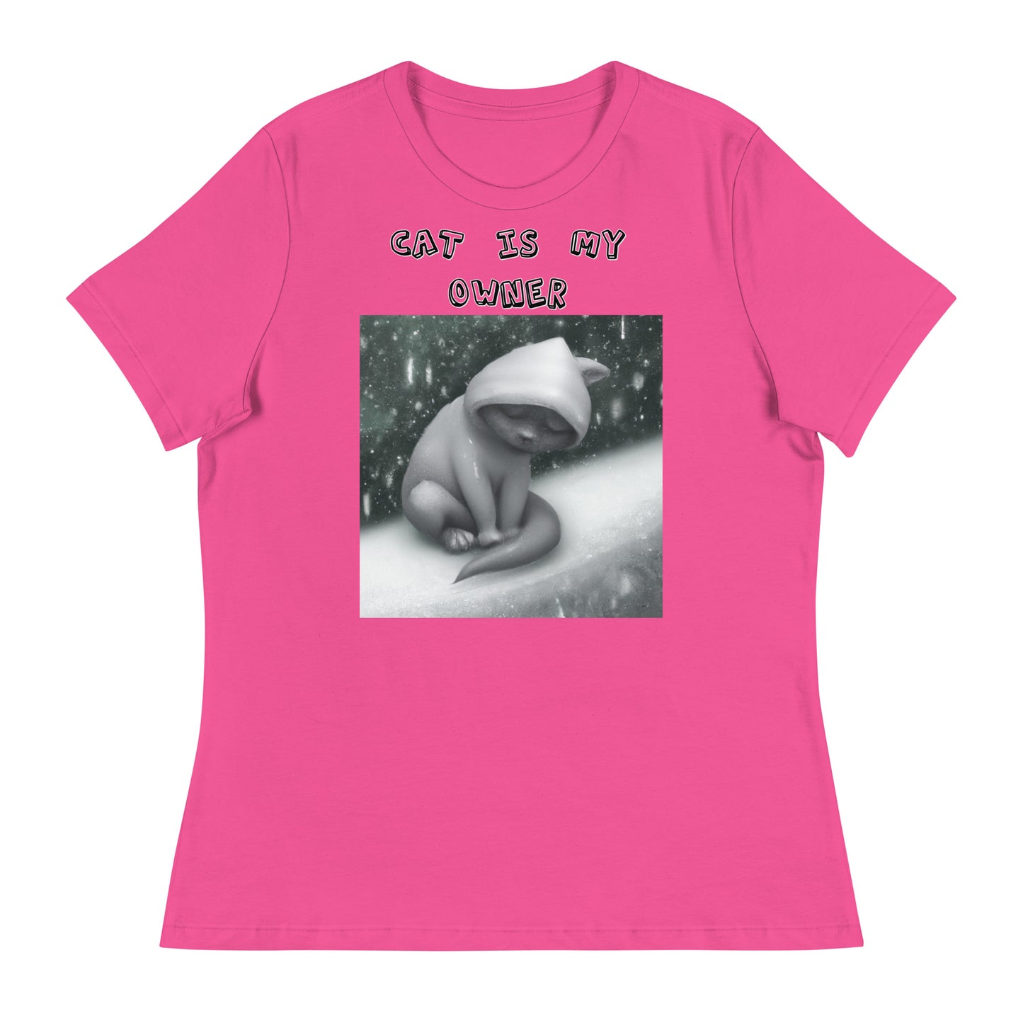 Women's White T-Shirt with Sad Cold Kitten In The Snow with a text "Cat Is My Owner" at $25.97 found at Personalizedpetlovergifts