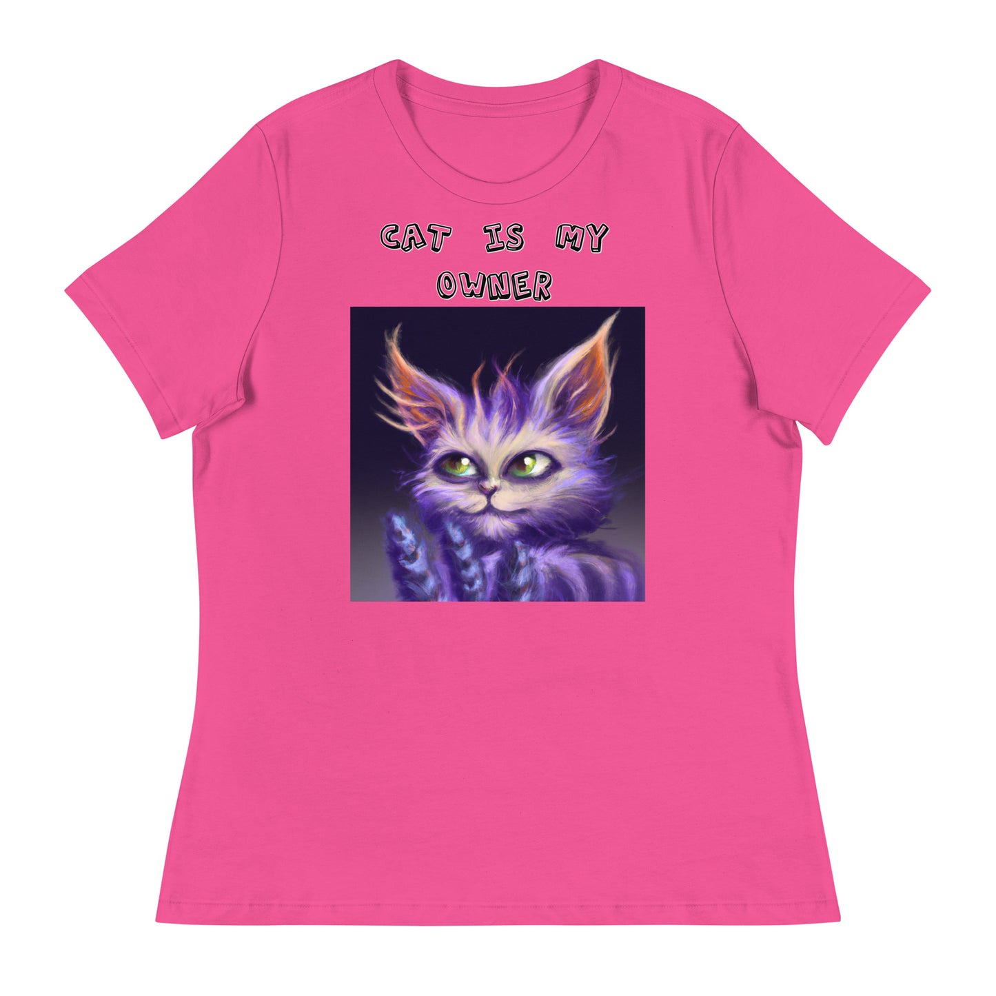 Women's White T-Shirt with Purple Alien Cat with a text "Cat Is My Owner" at $25.97 found at Personalizedpetlovergifts