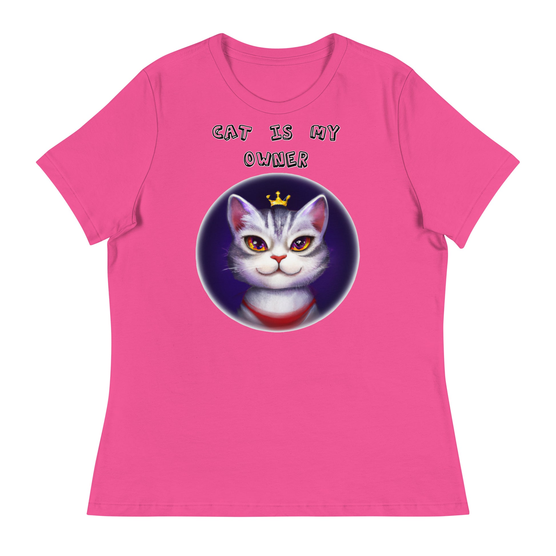 Women's White T-Shirt with Princess Cat In a Circle with a text "Cat Is My Owner" at $25.97 found at Personalizedpetlovergifts