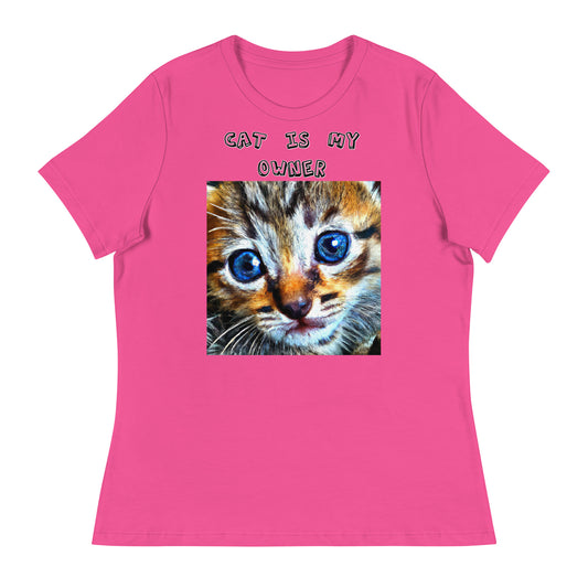 Women's White T-Shirt with Portrait Painting Of a Cat with a text "Cat Is My Owner" at $25.97 found at Personalizedpetlovergifts