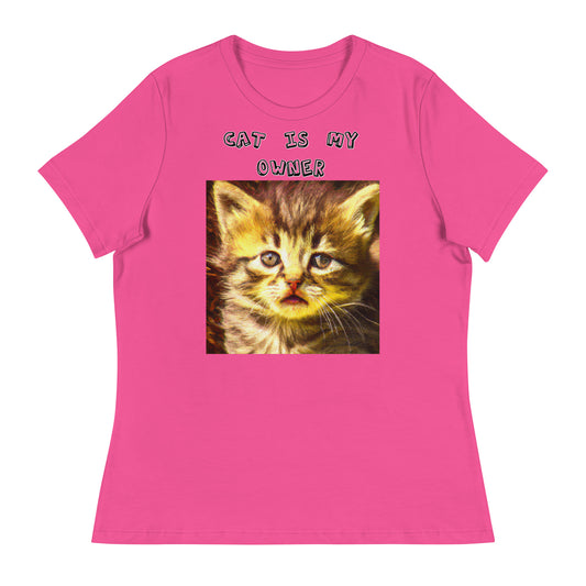 Women's White T-Shirt with Portrait Of a Fluffy Kitten with a text "Cat Is My Owner" at $25.97 found at Personalizedpetlovergifts