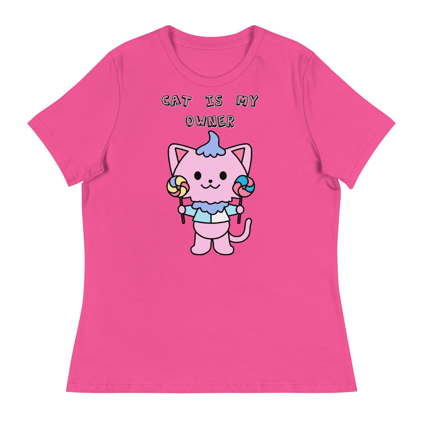 Women's White T-Shirt with Pink Kitten With Lollipops with a text "Cat Is My Owner" at $25.97 found at Personalizedpetlovergifts