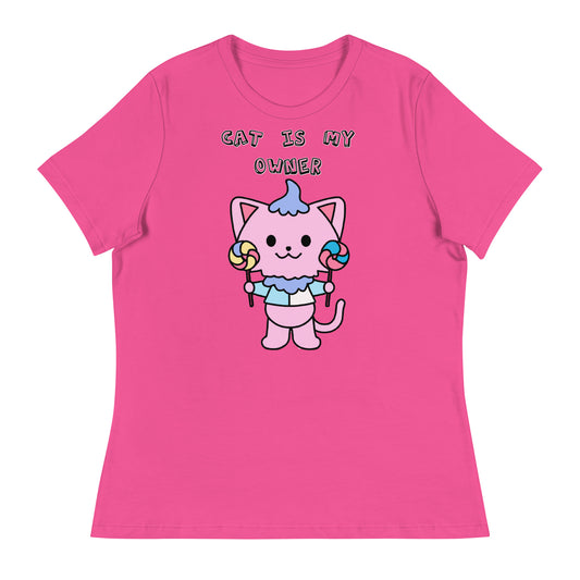 Women's White T-Shirt with Pink Kitten With Lollipops with a text "Cat Is My Owner" at $25.97 found at Personalizedpetlovergifts