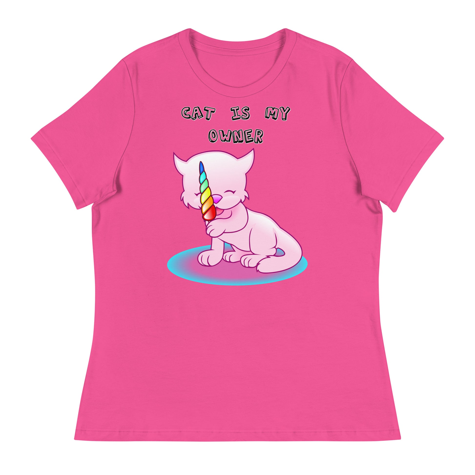 Women's White T-Shirt with Pink Kitten Licking Candy with a text "Cat Is My Owner" at $25.97 found at Personalizedpetlovergifts