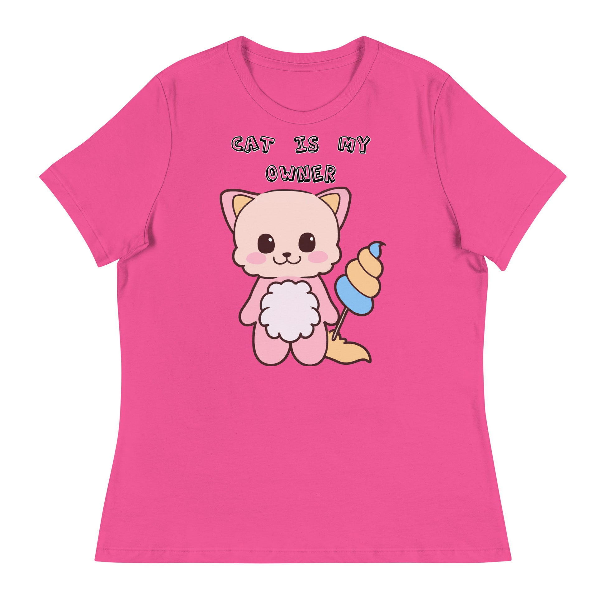 Women's White T-Shirt with Pink Kitten Holding a Cotton Candy with a text "Cat Is My Owner" at $25.97 found at Personalizedpetlovergifts