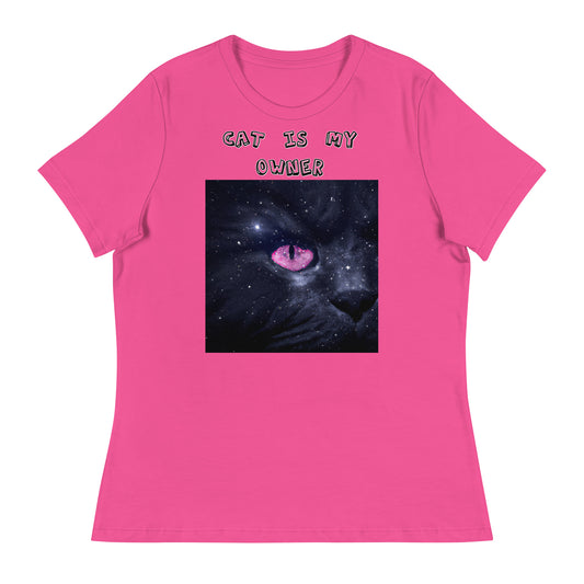 Women's White T-Shirt with Pink Galaxy Eyed Cat with a text "Cat Is My Owner" at $25.97 found at Personalizedpetlovergifts