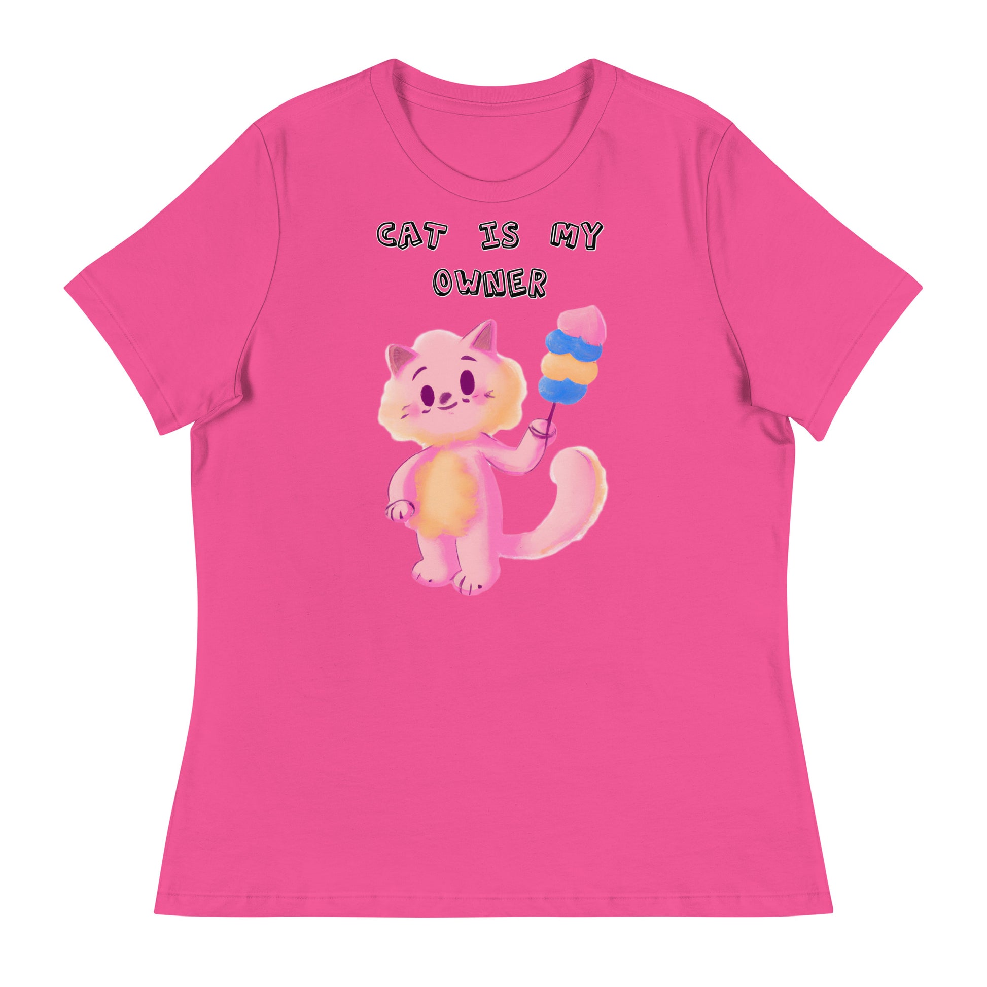 Women's White T-Shirt with Pink Cat With Cotton Candy with a text "Cat Is My Owner" at $25.97 found at Personalizedpetlovergifts