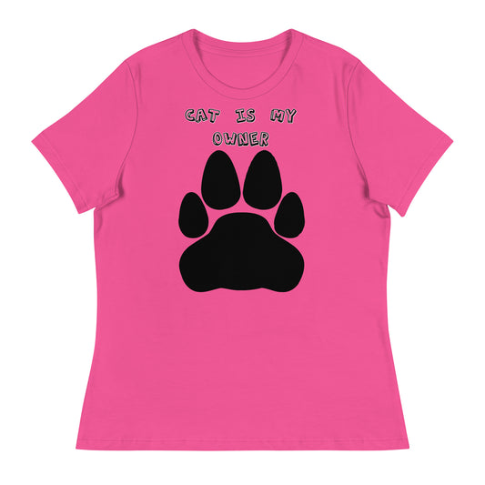 Women's White T-Shirt with Paw with a text "Cat Is My Owner" at $25.97 found at Personalizedpetlovergifts