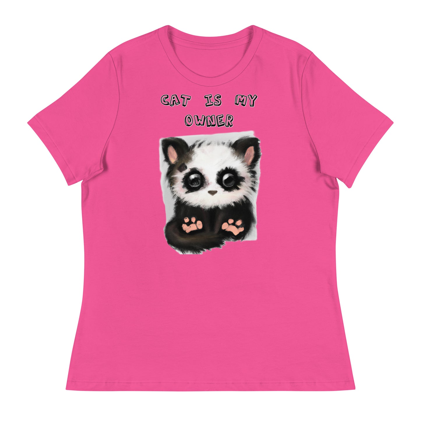 Women's White T-Shirt with Panda Kitten with a text "Cat Is My Owner" at $25.97 found at Personalizedpetlovergifts