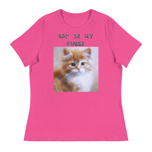 Women's White T-Shirt with Orange Fluffy Kitten with a text "Cat Is My Owner" at $25.97 found at Personalizedpetlovergifts