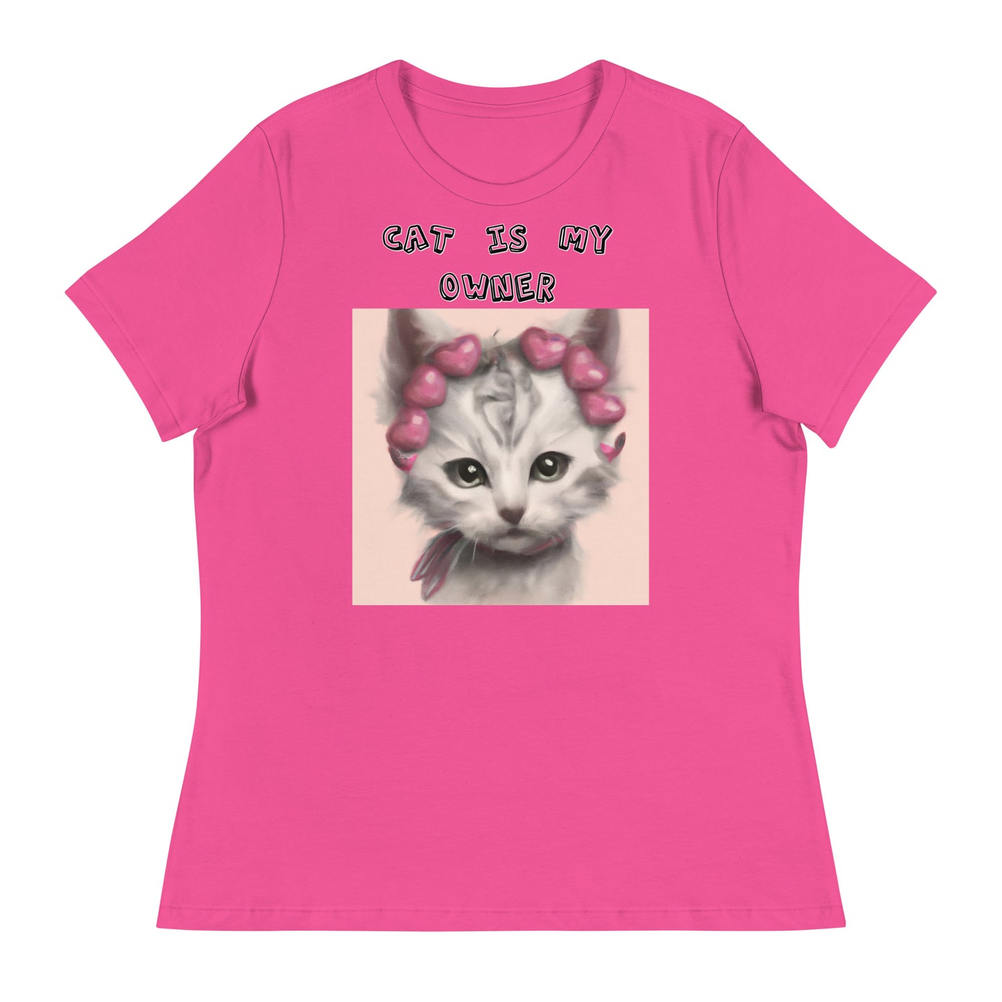 Women's White T-Shirt with Kitten With Heart Headband with a text "Cat Is My Owner" at $25.97 found at Personalizedpetlovergifts