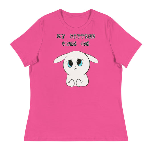 Women's White T-Shirt with Sad White Kitten with a text "My Kittens Own Me" at $25.97 found at Personalizedpetlovergifts