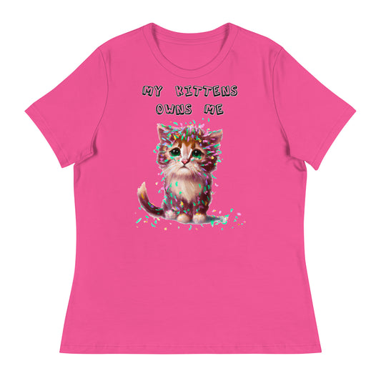 Women's White T-Shirt with Sad Kitten Covered In Confetti with a text "My Kittens Own Me" at $25.97 found at Personalizedpetlovergifts