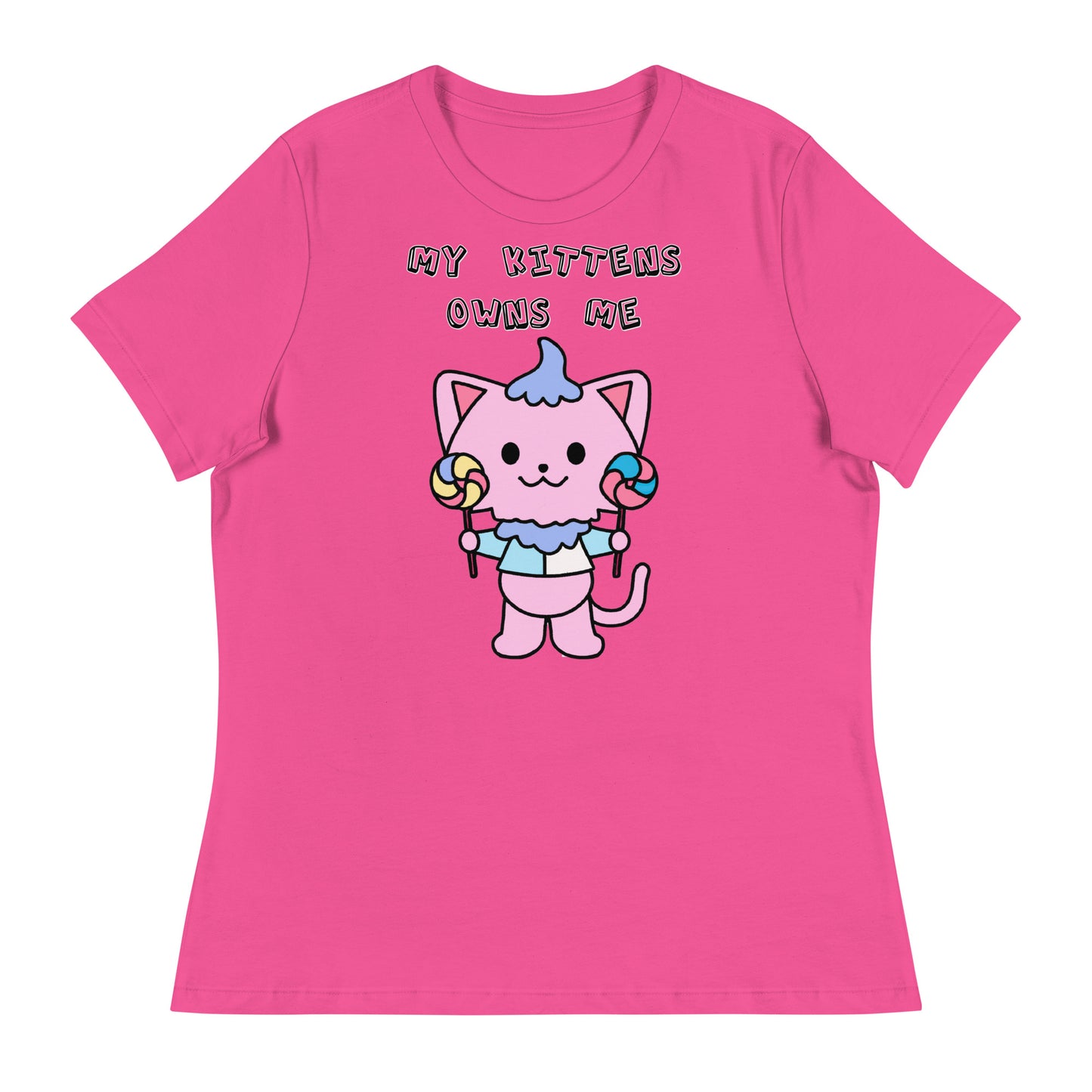 Women's White T-Shirt with Pink Kitten With Lollipops with a text "My Kittens Own Me" at $25.97 found at Personalizedpetlovergifts