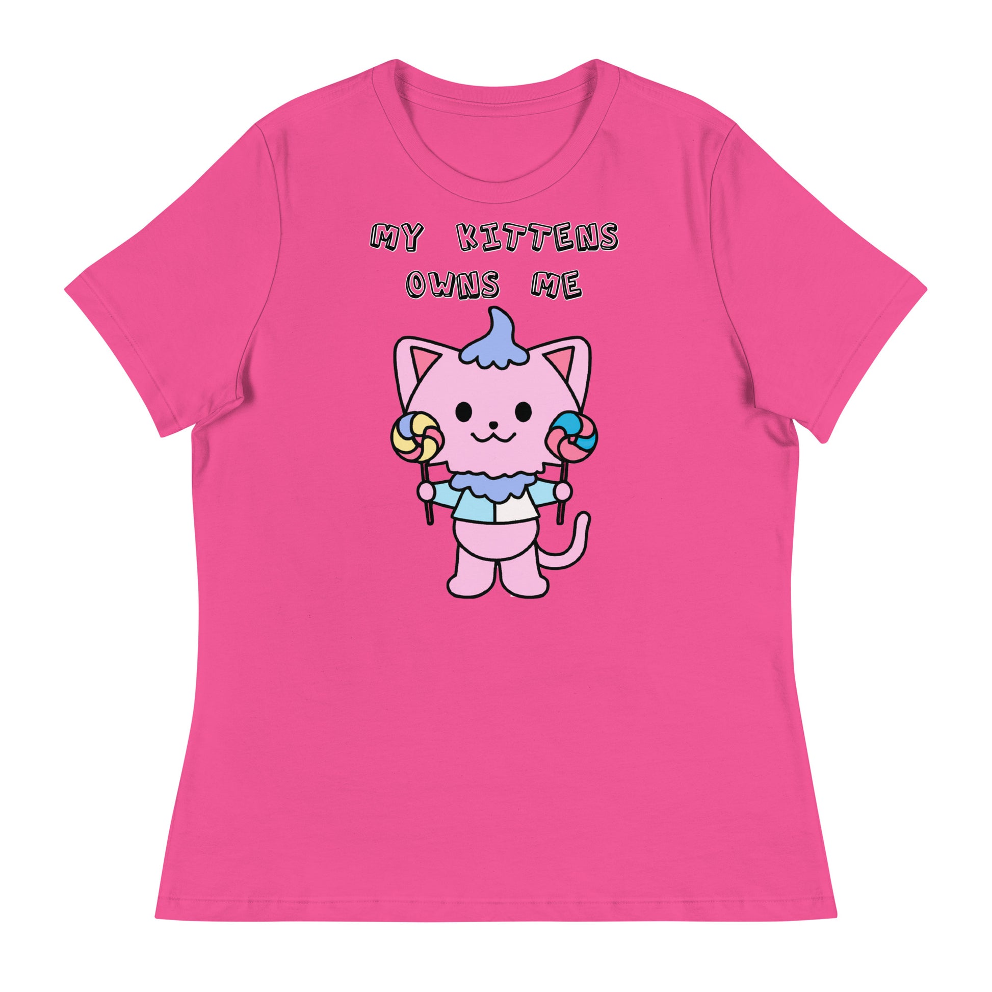 Women's White T-Shirt with Pink Kitten With Lollipops with a text "My Kittens Own Me" at $25.97 found at Personalizedpetlovergifts