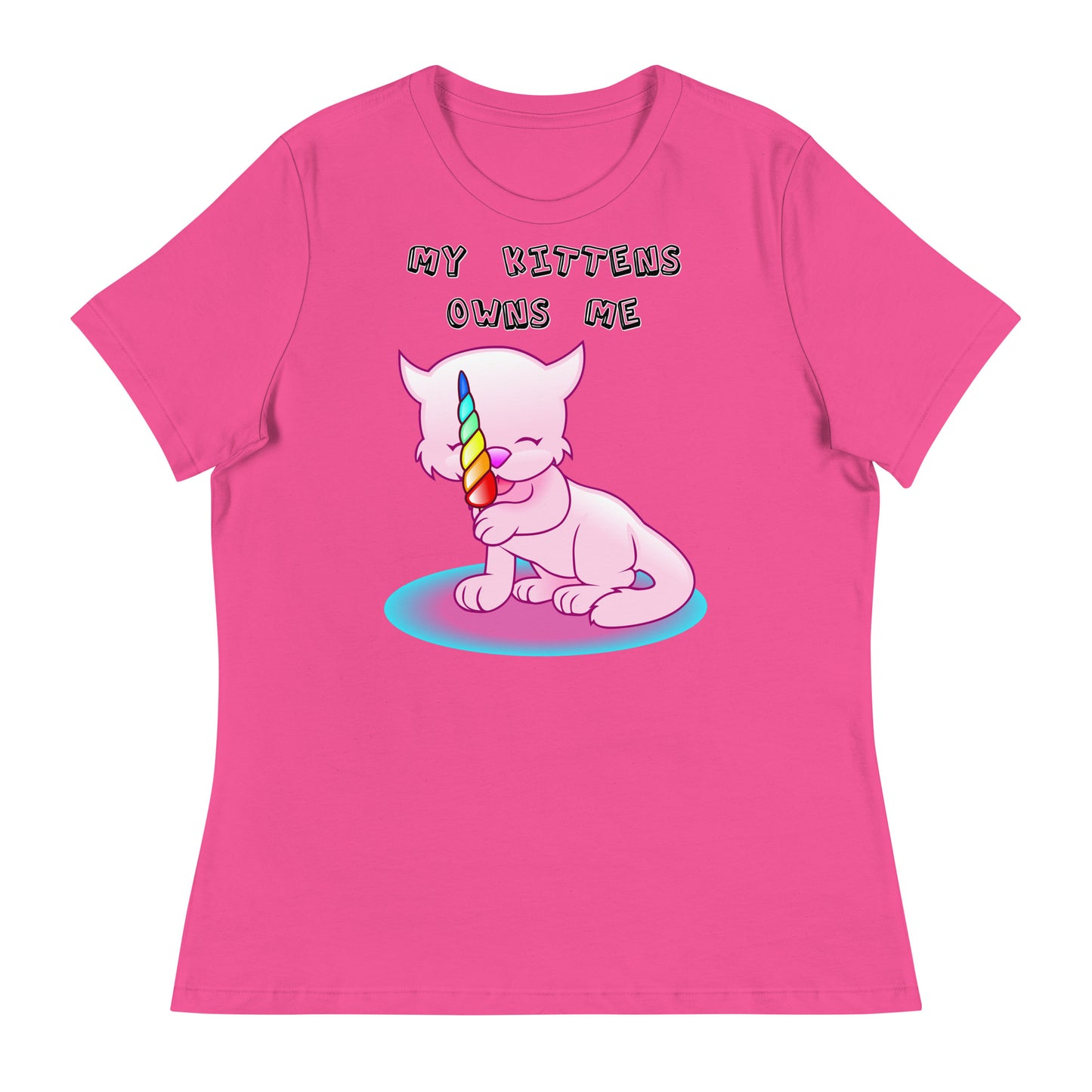 Women's White T-Shirt with Pink Kitten Licking Candy with a text "My Kittens Own Me" at $25.97 found at Personalizedpetlovergifts