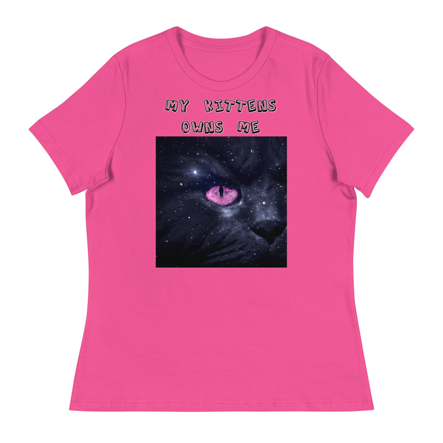 Women's White T-Shirt with Pink Galaxy Eyed Cat with a text "My Kittens Own Me" at $25.97 found at Personalizedpetlovergifts