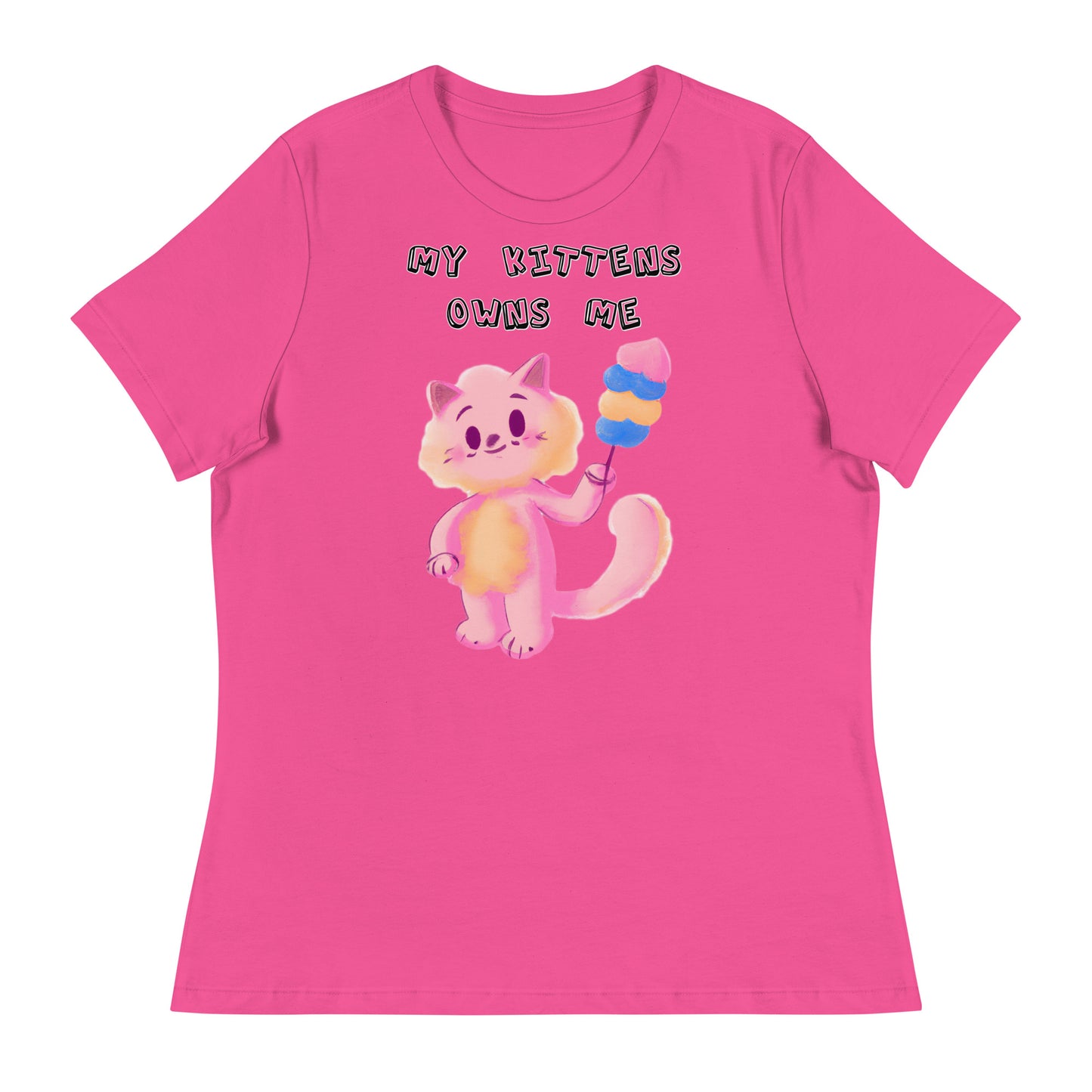 Women's White T-Shirt with Pink Cat With Cotton Candy with a text "My Kittens Own Me" at $25.97 found at Personalizedpetlovergifts