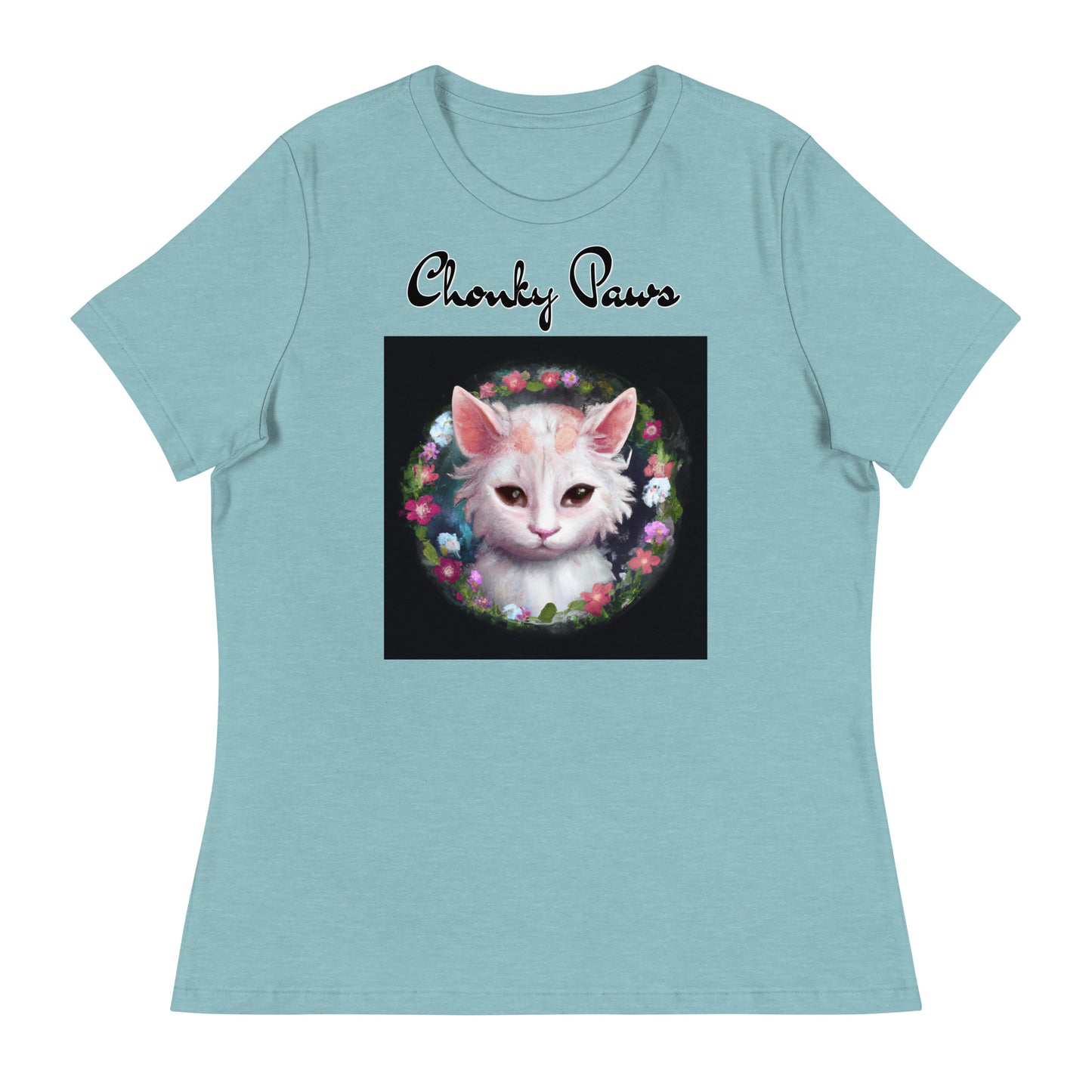 Women's T-Shirt with Kitten In a Floral Circle with a text "Chonky Paws" at $25.97 found at Personalizedpetlovergifts