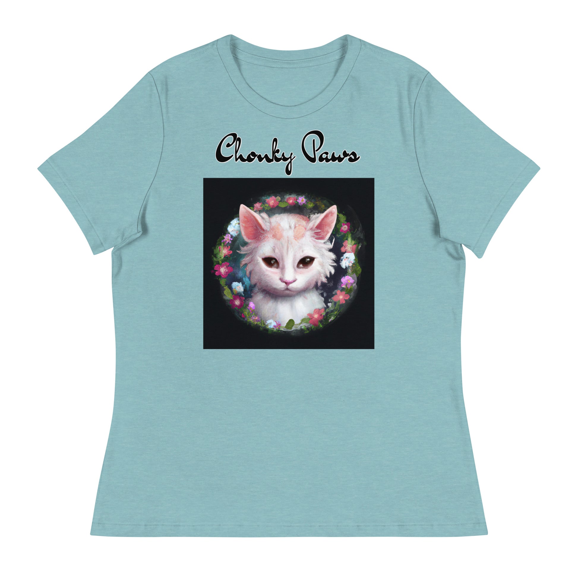 Women's T-Shirt with Kitten In a Floral Circle with a text "Chonky Paws" at $25.97 found at Personalizedpetlovergifts