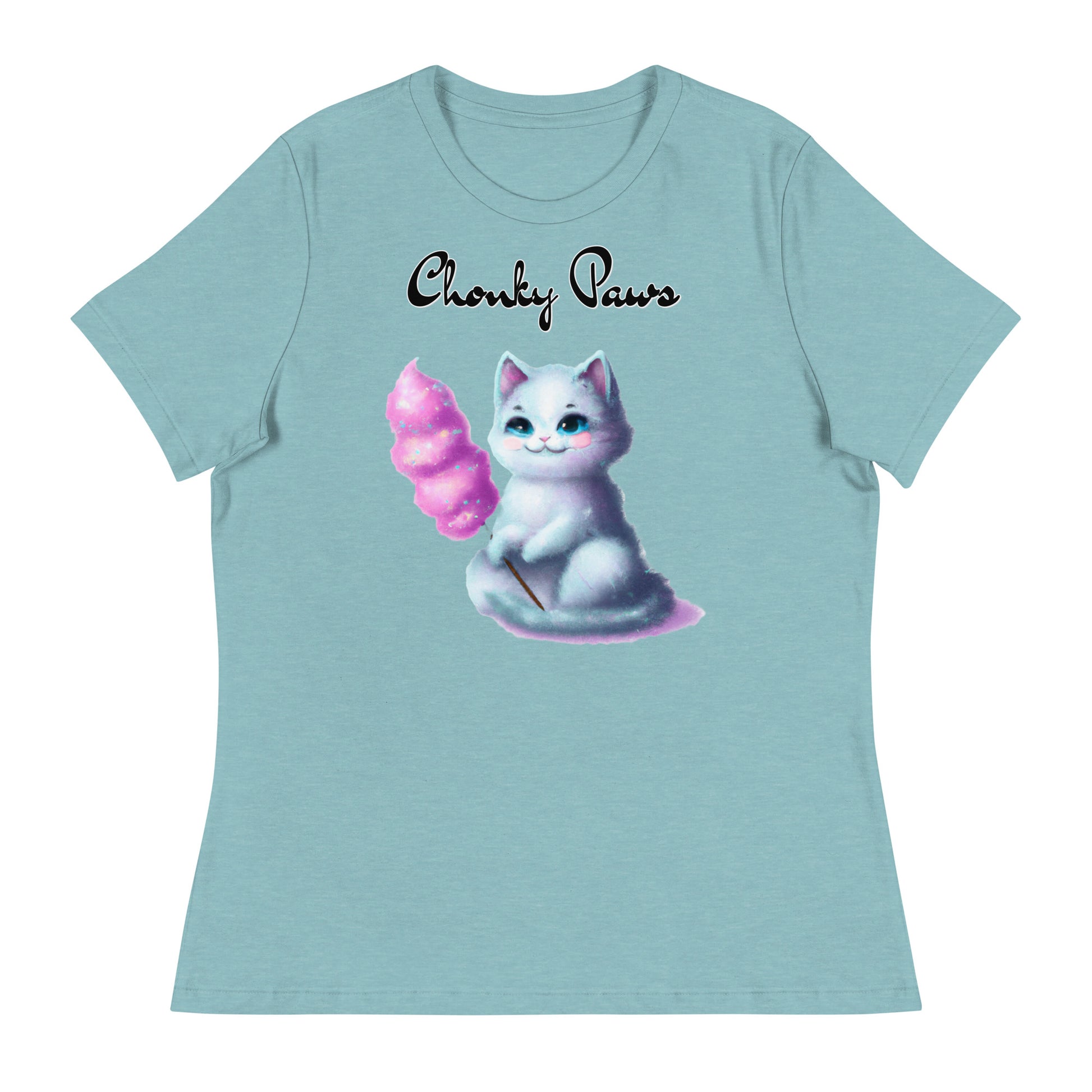 Women's T-Shirt with Kitten Holding A Cotton Candy with a text "Chonky Paws" at $25.97 found at Personalizedpetlovergifts