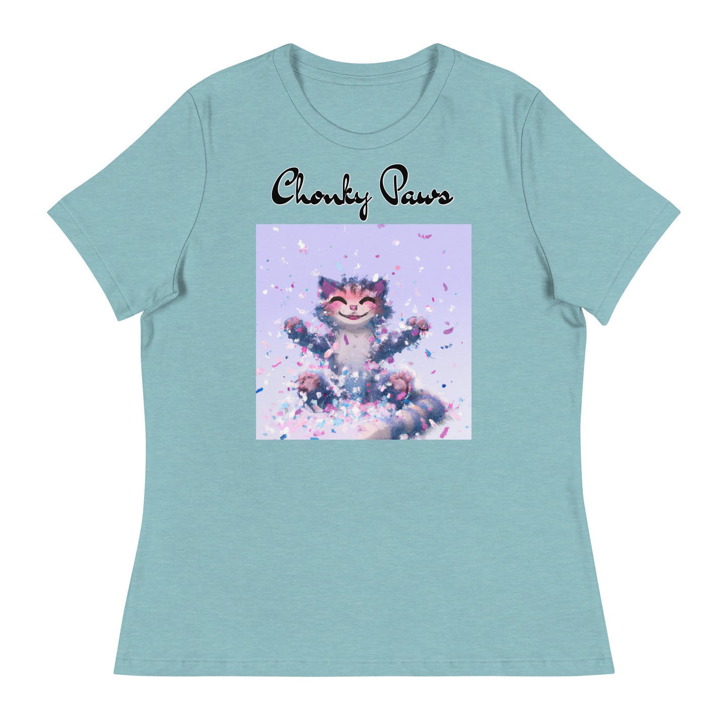 Women's T-Shirt with Kitten Enjoying Confetti with a text "Chonky Paws" at $25.97 found at Personalizedpetlovergifts